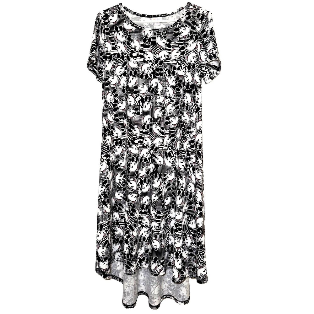 LuLaRoe Disney Carly Dress Medium Mickey Mouse Black White High Low Swing Pocket